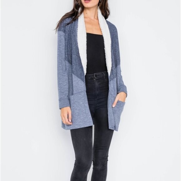 Hummingbird Long Sleeve Navy Cardigan Fuzzy Collar - Navy Blue - Patchwork - Picture 7 of 12